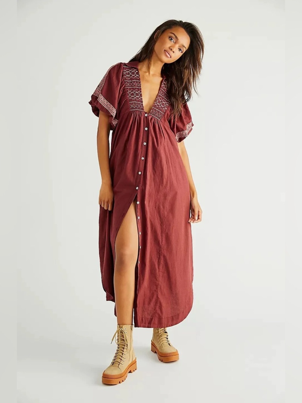 Free People Samantha Embroidered Puff Sleeve Maxi Shirtdress